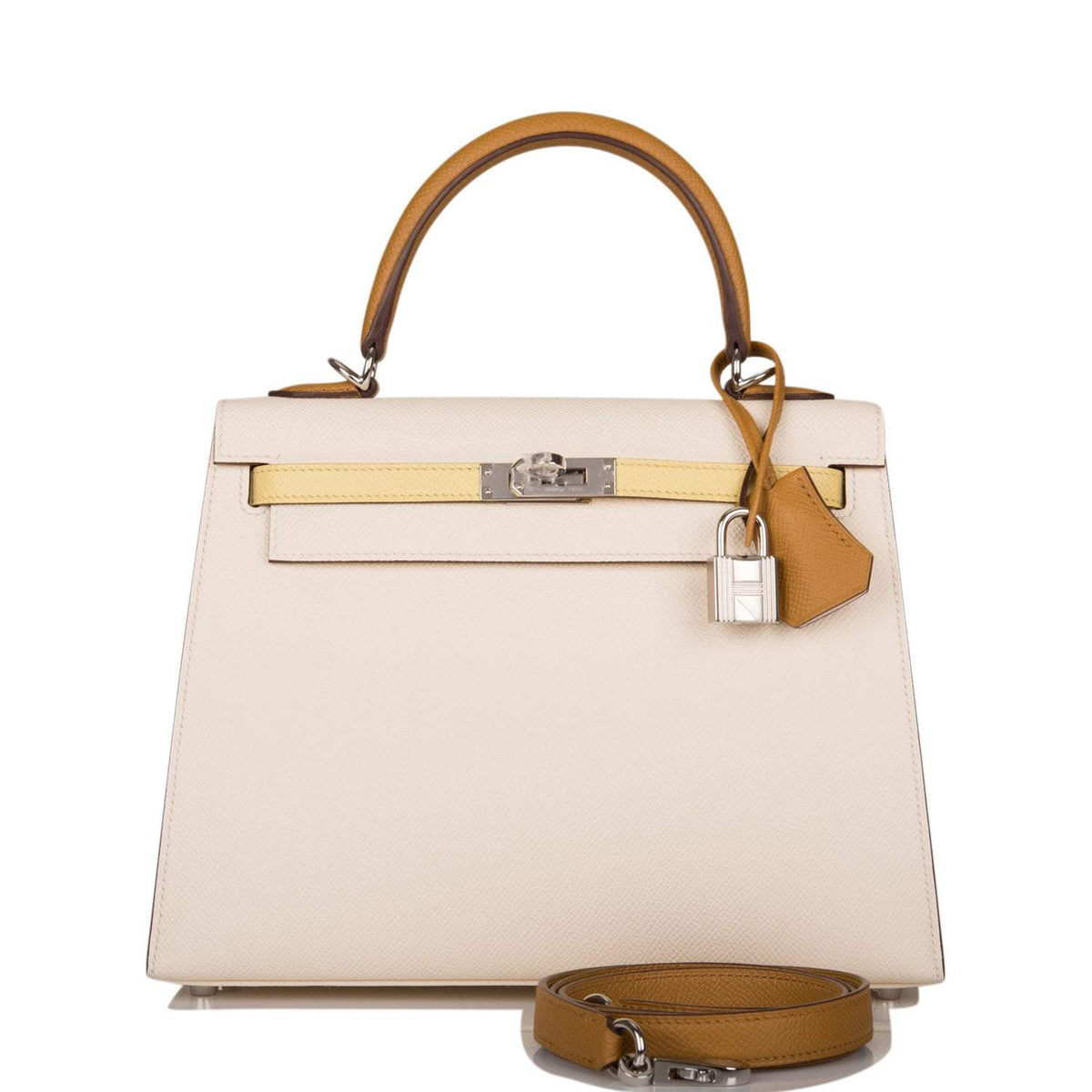 Hermes Kelly 25cm Epsom Sellier Tri-Color Nata, Jaune Poussin and Sesame Palladium Hardware Hermes