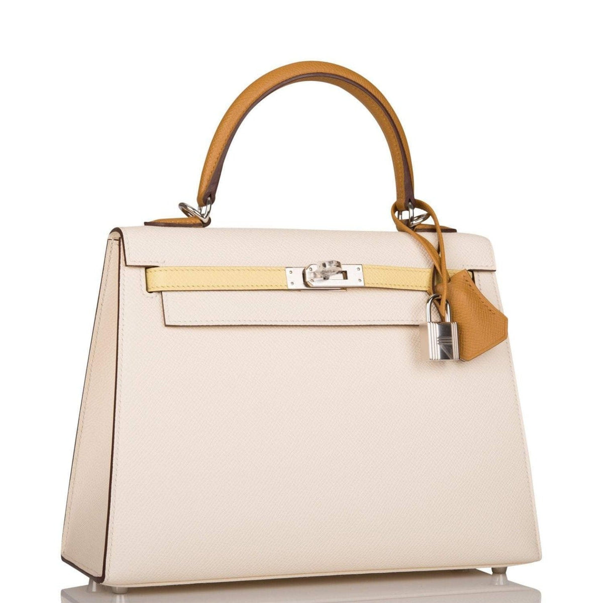 Hermes Kelly 25cm Epsom Sellier Tri-Color Nata, Jaune Poussin and Sesame Palladium Hardware Hermes