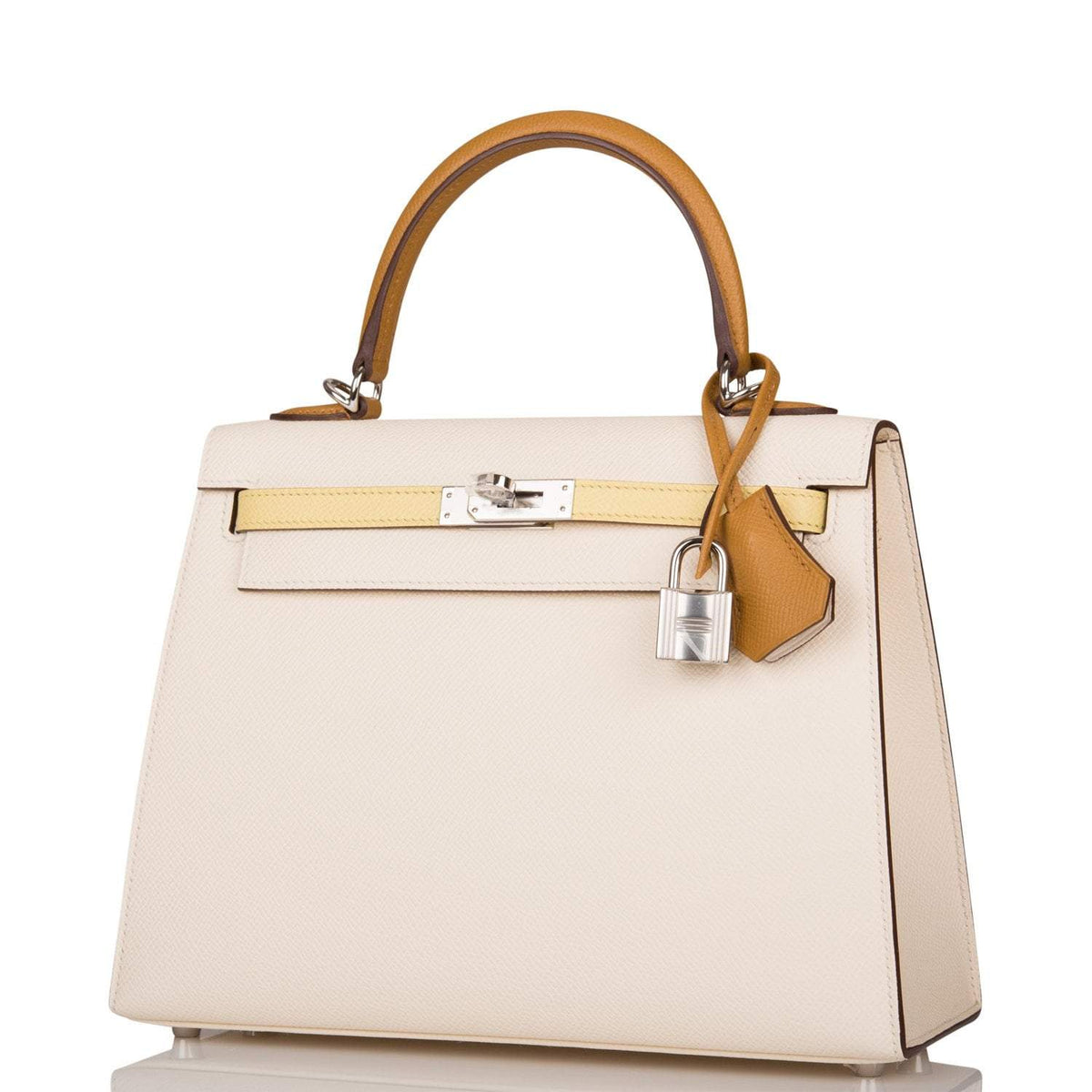 Hermes Kelly 25cm Epsom Sellier Tri-Color Nata, Jaune Poussin and Sesame Palladium Hardware Hermes