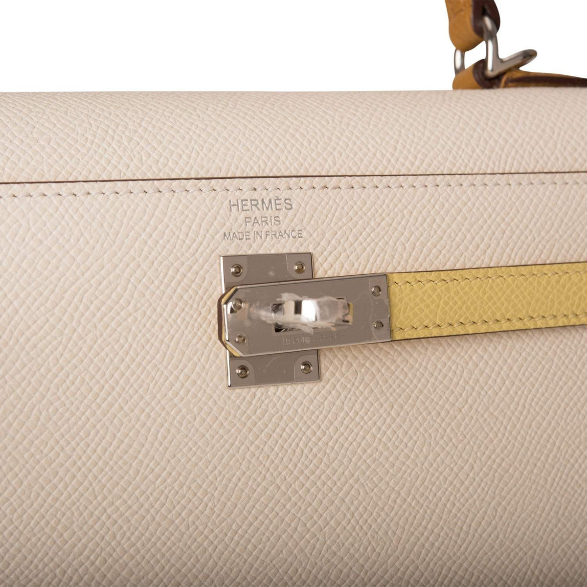 Hermes Kelly 25cm Epsom Sellier Tri-Color Nata, Jaune Poussin and Sesame Palladium Hardware Hermes