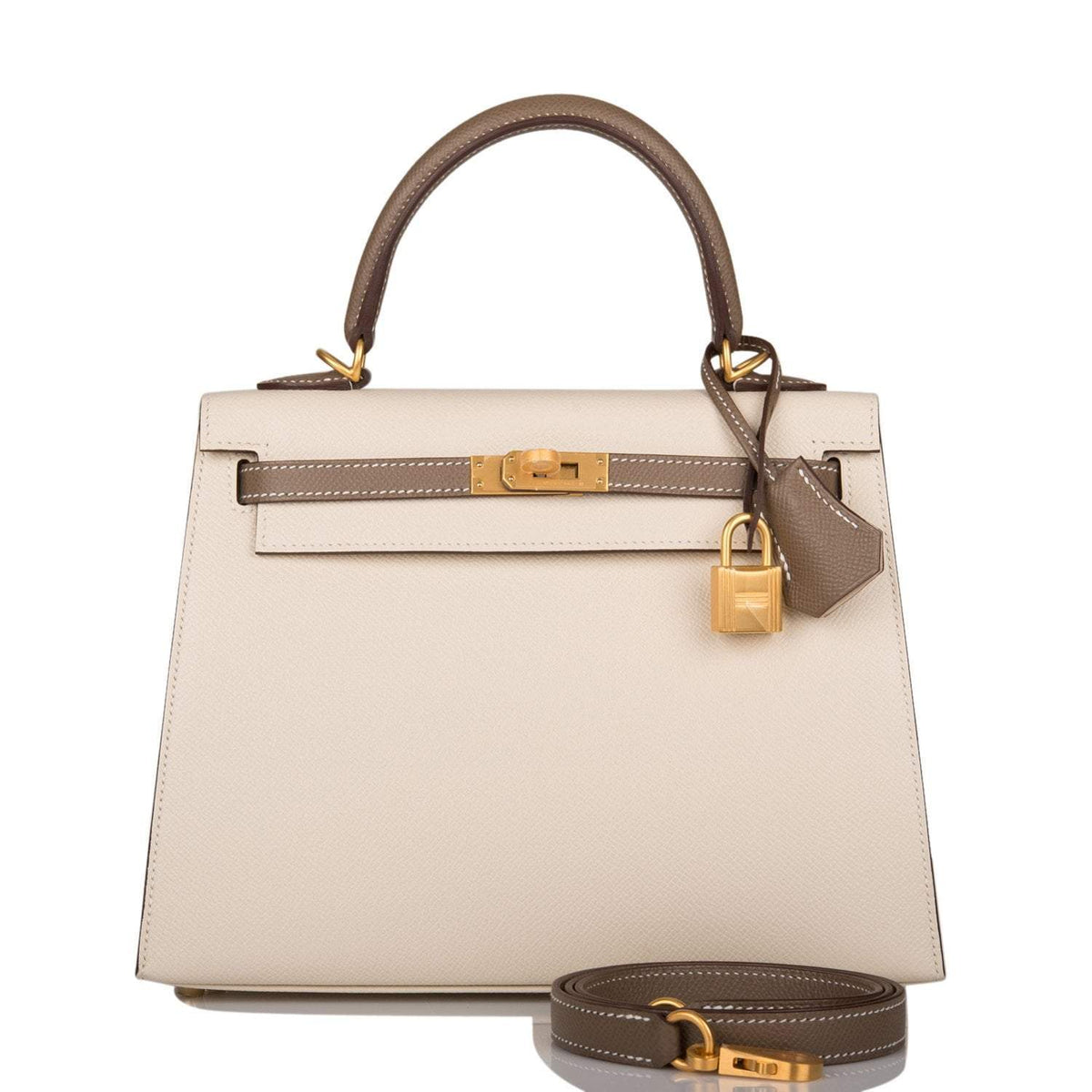 Hermes Kelly 25cm Bi-Color Craie and Etoupe Epsom Sellier  Brushed Gold Hardware Hermes