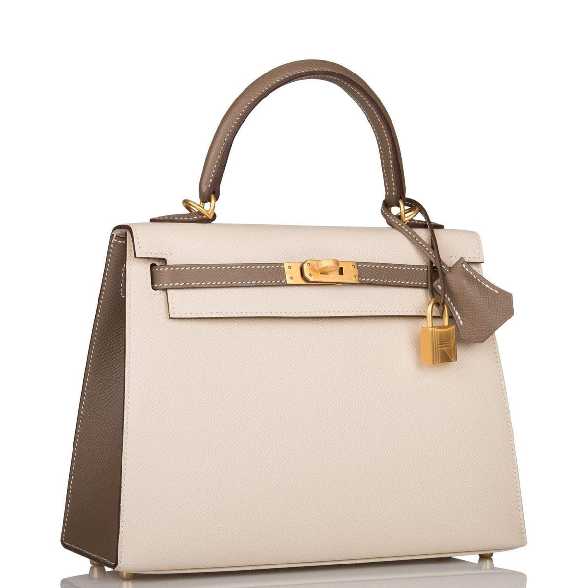 Hermes Kelly 25cm Bi-Color Craie and Etoupe Epsom Sellier  Brushed Gold Hardware Hermes