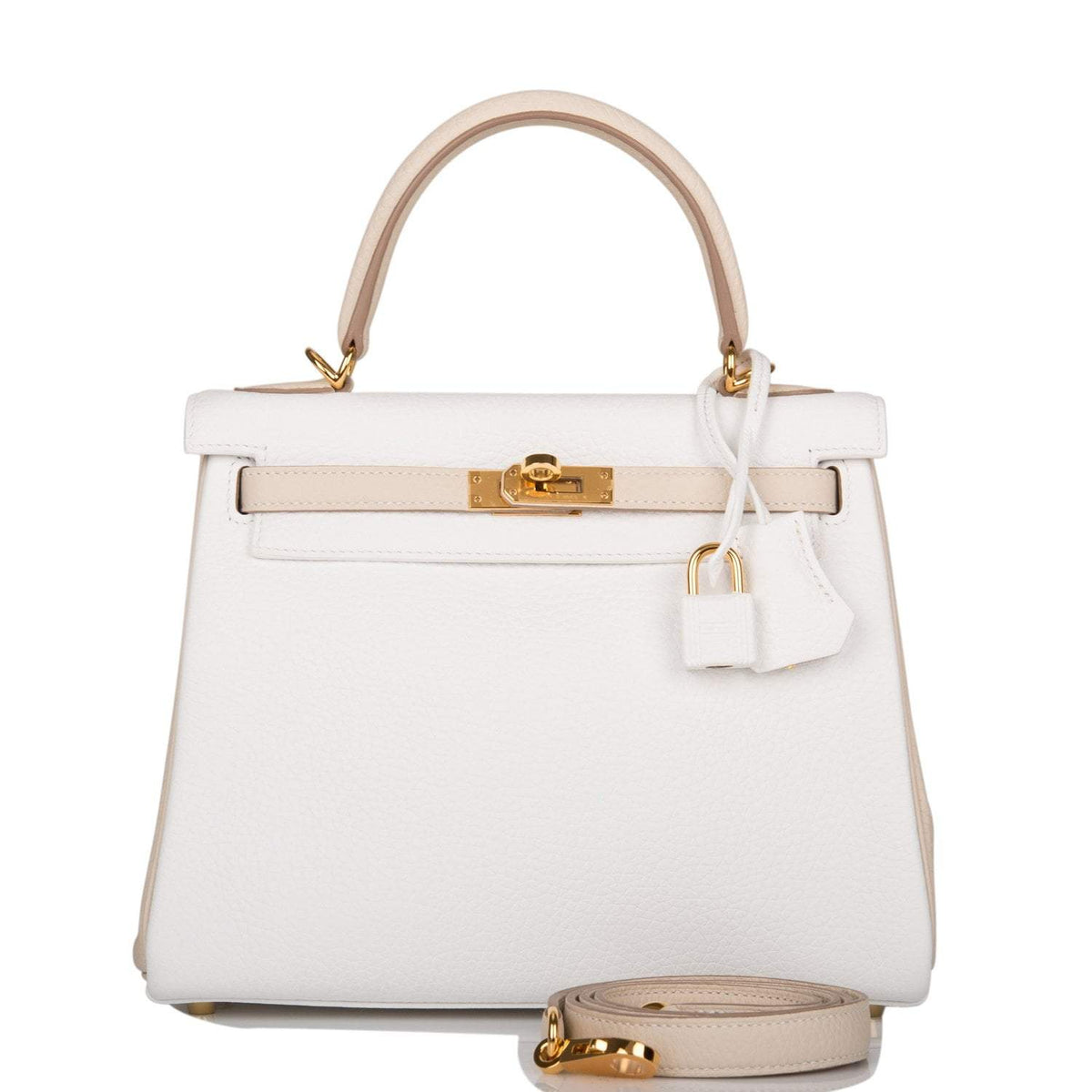 Hermes Horseshoe Stamp (HSS) Bi-Color White and Trench Clemence Retourne Kelly 25cm Gold Hardware BagAg