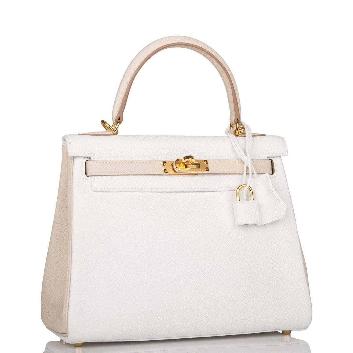 Hermes Horseshoe Stamp (HSS) Bi-Color White and Trench Clemence Retourne Kelly 25cm Gold Hardware BagAg