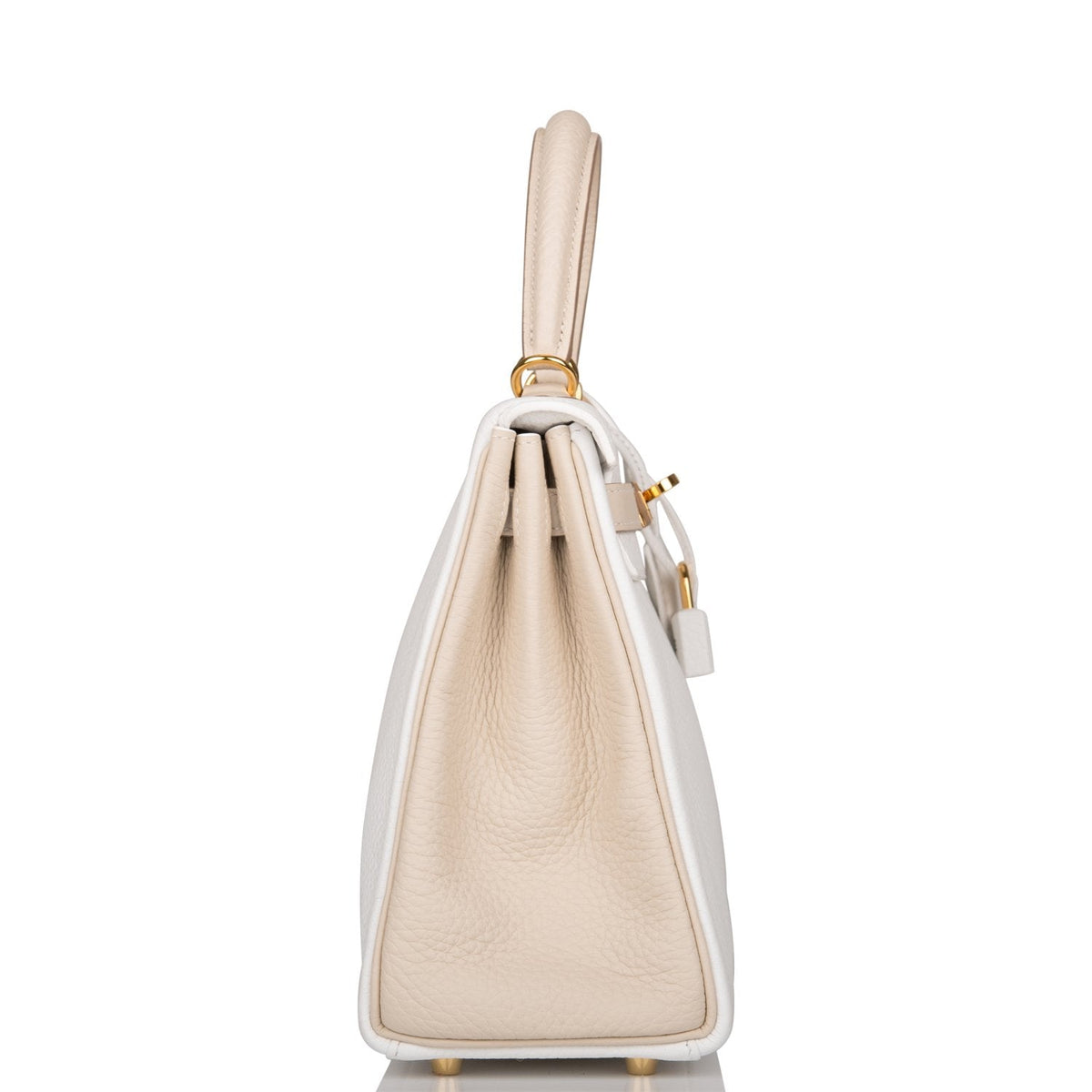 Hermes Horseshoe Stamp (HSS) Bi-Color White and Trench Clemence Retourne Kelly 25cm Gold Hardware BagAg