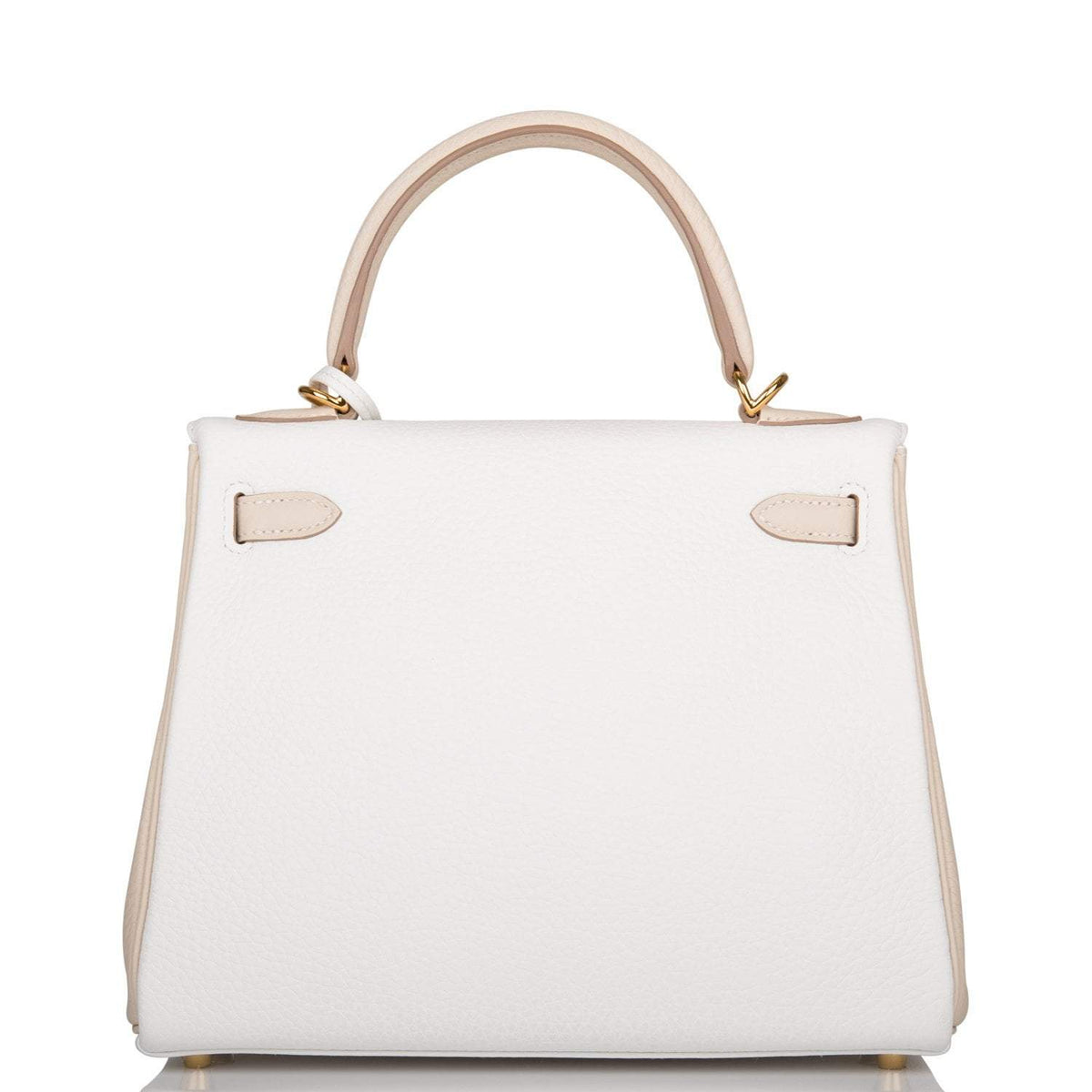 Hermes Horseshoe Stamp (HSS) Bi-Color White and Trench Clemence Retourne Kelly 25cm Gold Hardware BagAg
