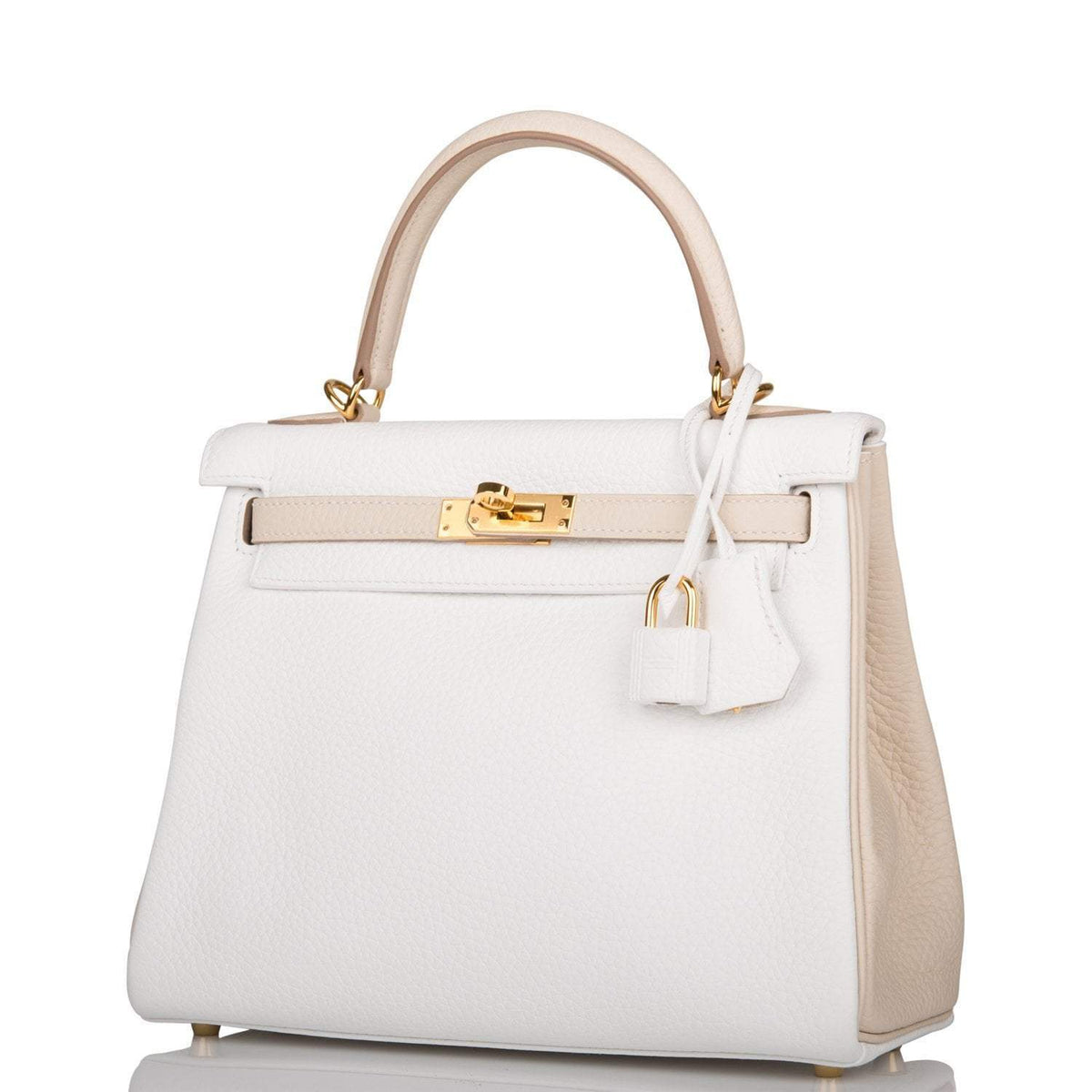 Hermes Horseshoe Stamp (HSS) Bi-Color White and Trench Clemence Retourne Kelly 25cm Gold Hardware BagAg