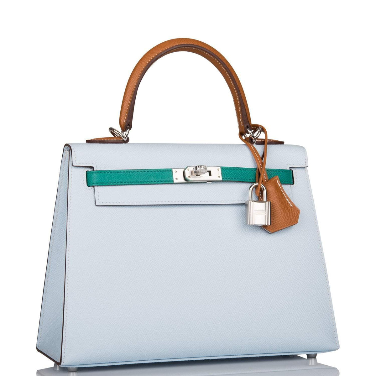 Hermes Tri-Color Bleu Brume, Vert Jade and Gold Epsom Sellier Kelly 25cm Palladium Hardware Crowned Bag