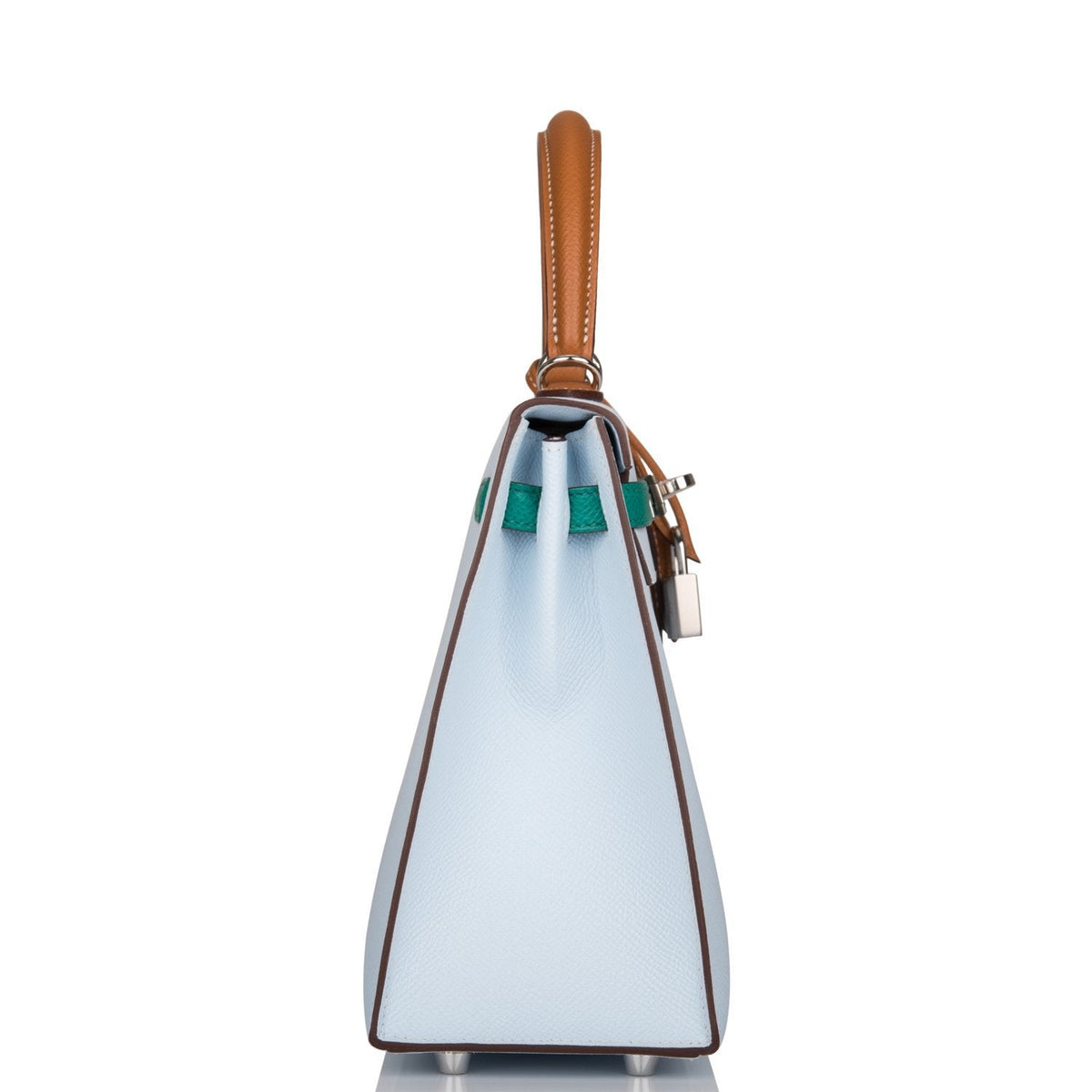 Hermes Tri-Color Bleu Brume, Vert Jade and Gold Epsom Sellier Kelly 25cm Palladium Hardware Crowned Bag