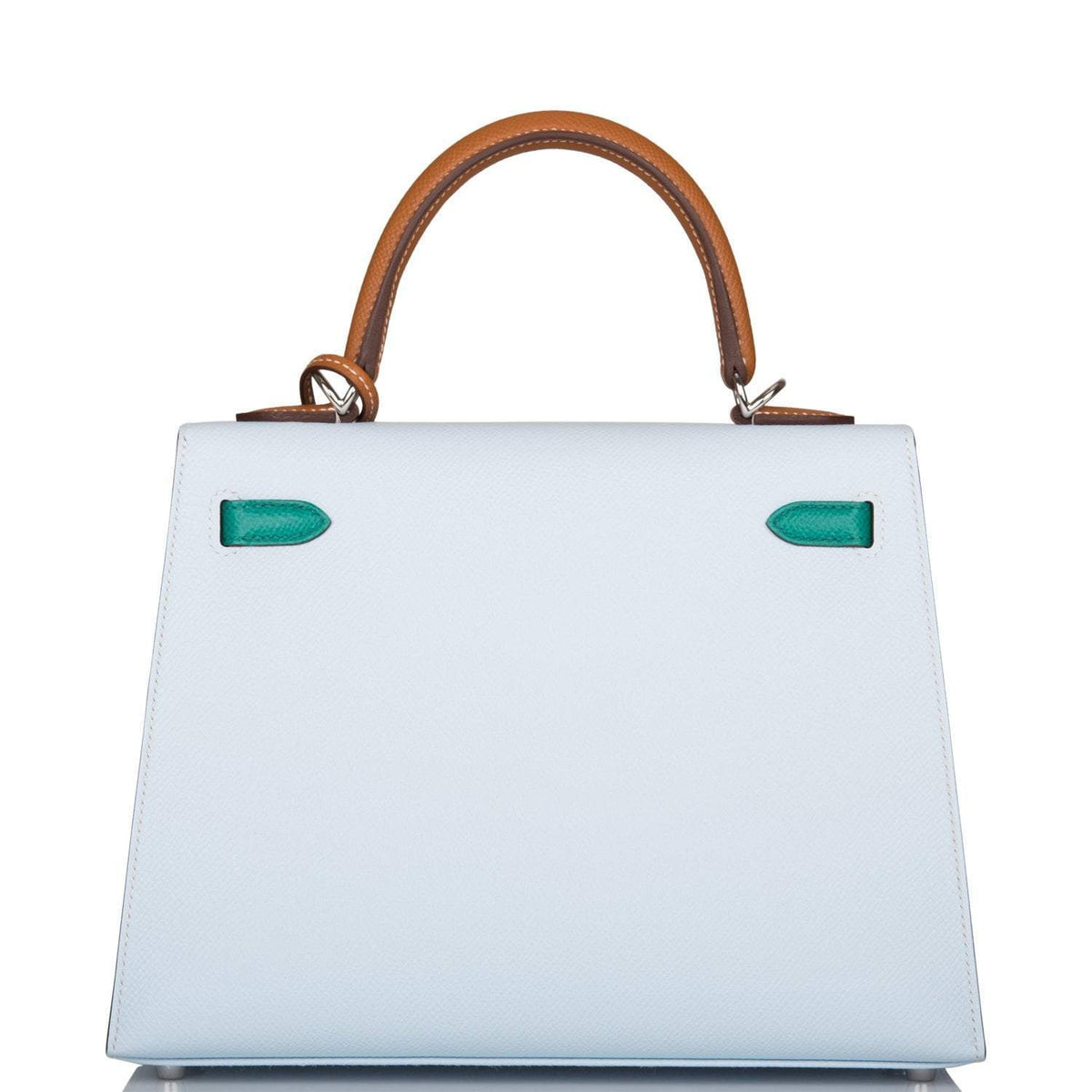 Hermes Tri-Color Bleu Brume, Vert Jade and Gold Epsom Sellier Kelly 25cm Palladium Hardware Crowned Bag