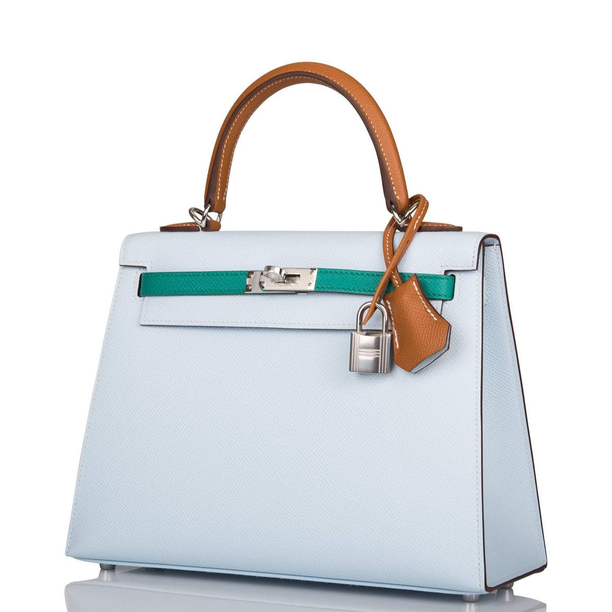 Hermes Tri-Color Bleu Brume, Vert Jade and Gold Epsom Sellier Kelly 25cm Palladium Hardware Crowned Bag