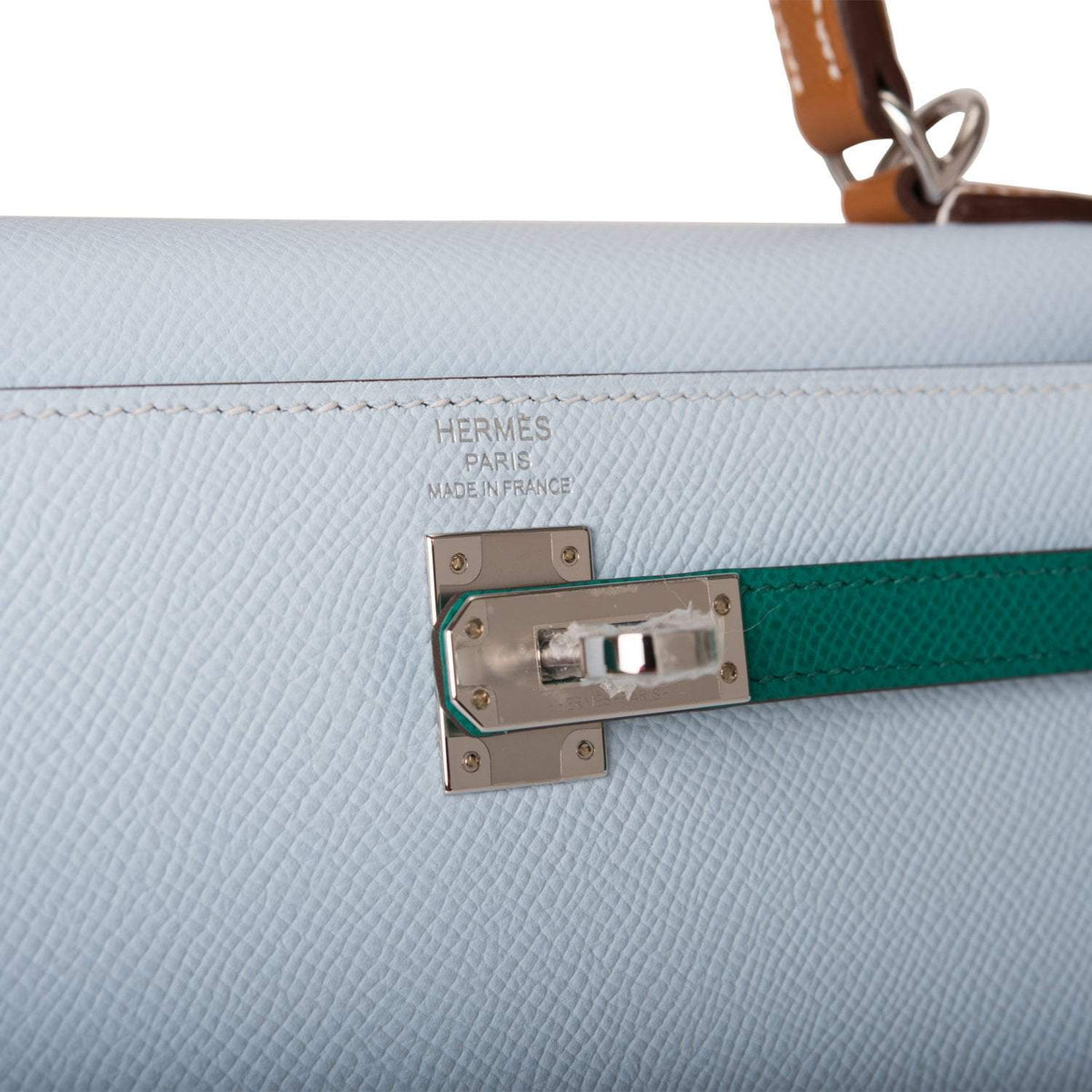 Hermes Tri-Color Bleu Brume, Vert Jade and Gold Epsom Sellier Kelly 25cm Palladium Hardware Crowned Bag