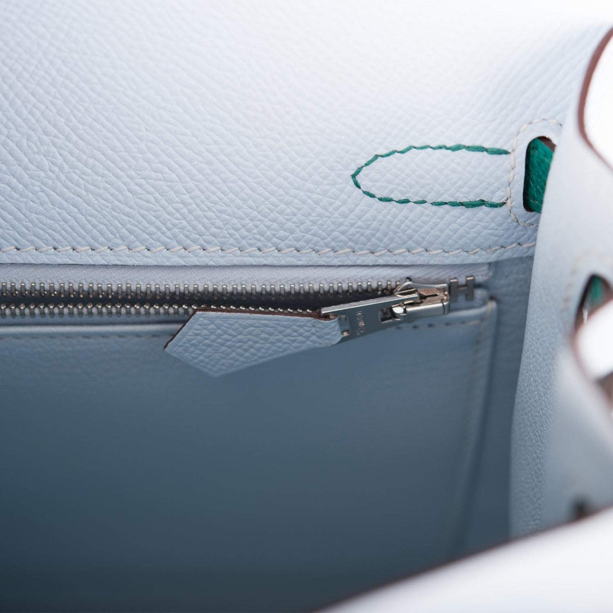 Hermes Tri-Color Bleu Brume, Vert Jade and Gold Epsom Sellier Kelly 25cm Palladium Hardware Crowned Bag
