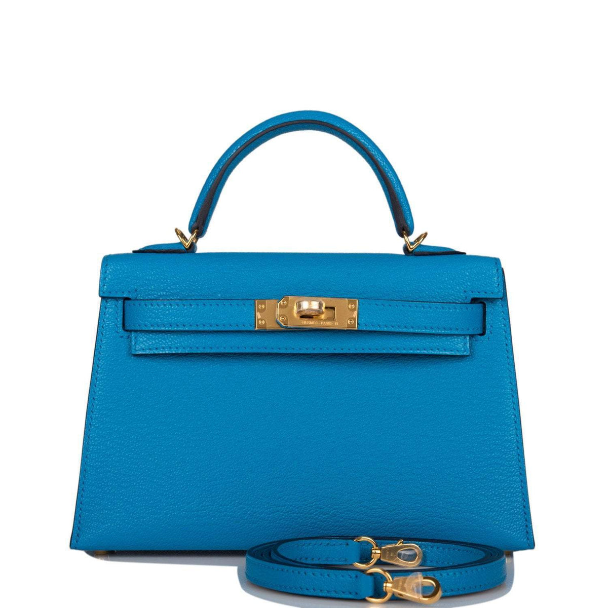 Hermes Bleu Frida Chevre Mysore Sellier Kelly 20cm Gold Hardware BagAg
