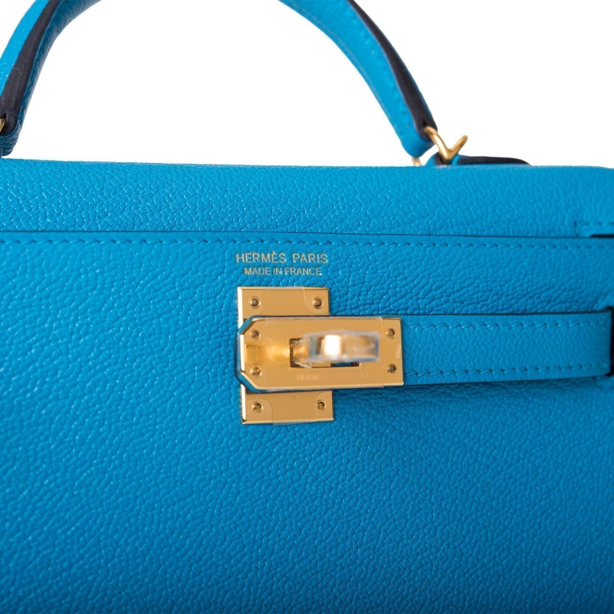 Hermes Bleu Frida Chevre Mysore Sellier Kelly 20cm Gold Hardware BagAg