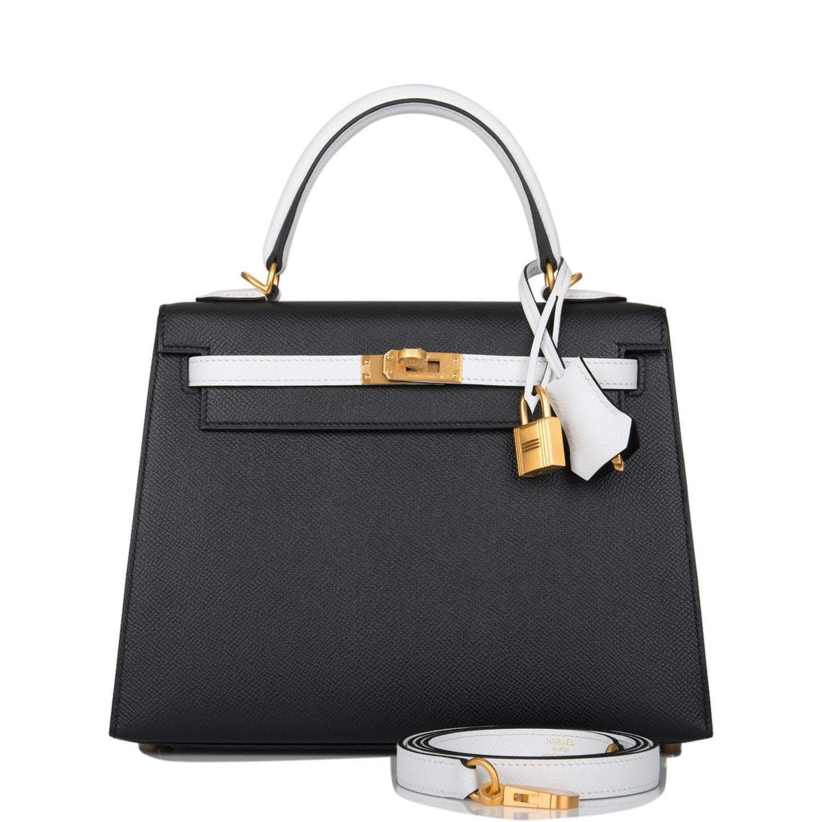 Hermes Kelly 28cm Bi-Color Black and Craie Epsom Sellier Brushed Gold Hardware Hermes