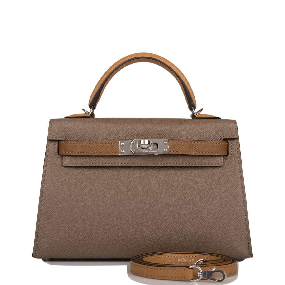 Hermes Tri-Color Kelly Sellier 20 Etoupe, Alezan and Biscuit Epsom Palladium Hardware Crowned Bag