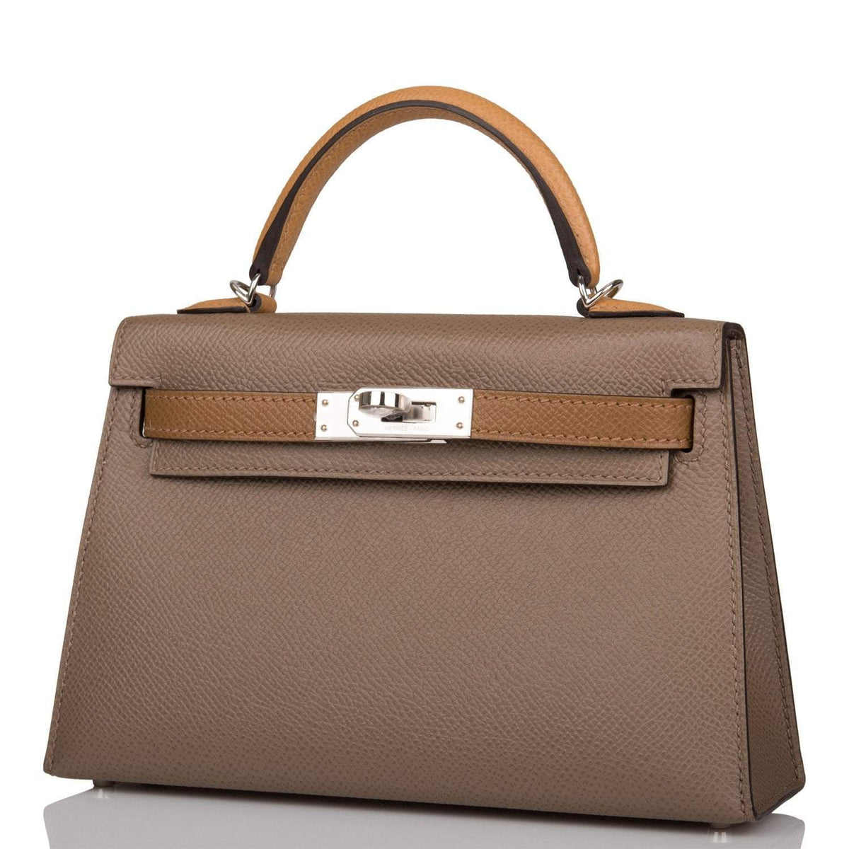 Hermes Tri-Color Kelly Sellier 20 Etoupe, Alezan and Biscuit Epsom Palladium Hardware Crowned Bag