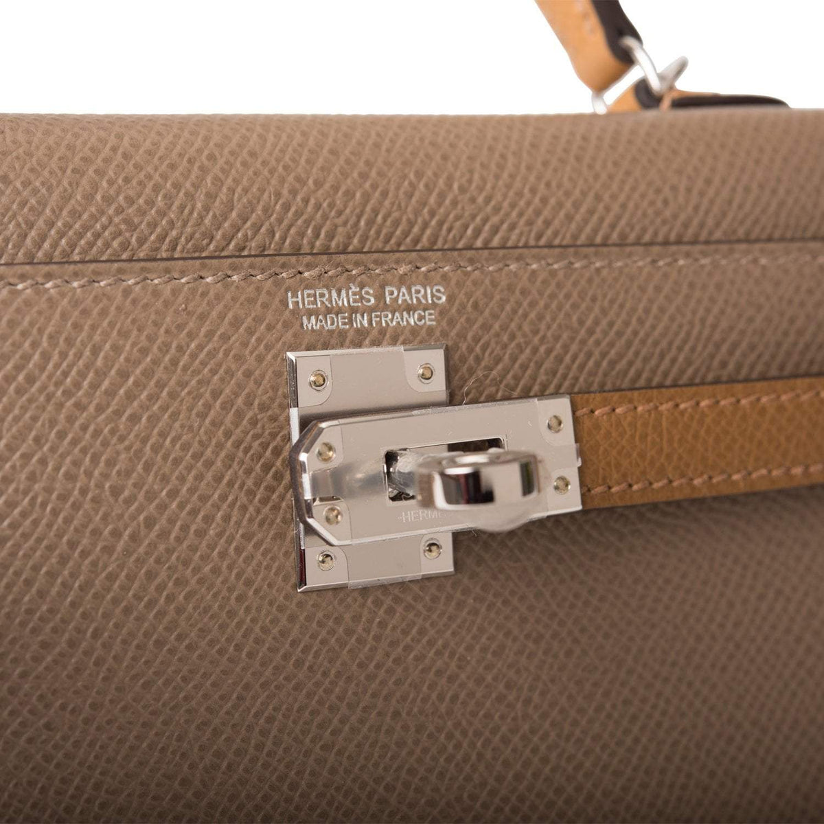 Hermes Tri-Color Kelly Sellier 20 Etoupe, Alezan and Biscuit Epsom Palladium Hardware Crowned Bag