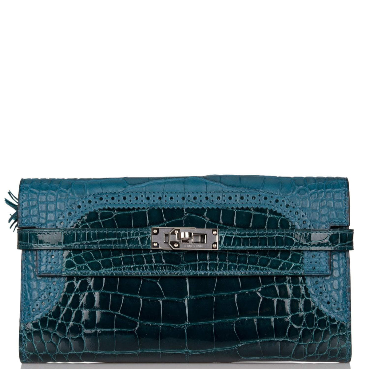 Hermes Kelly Long Wallet Bleu Colvert Alligator Ghillies Palladium Hardware Hermes