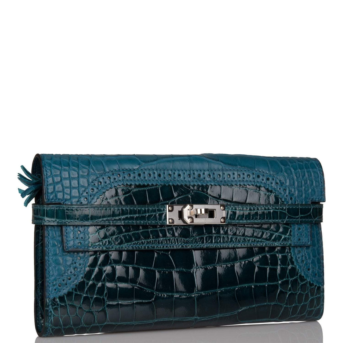 Hermes Kelly Long Wallet Bleu Colvert Alligator Ghillies Palladium Hardware Hermes