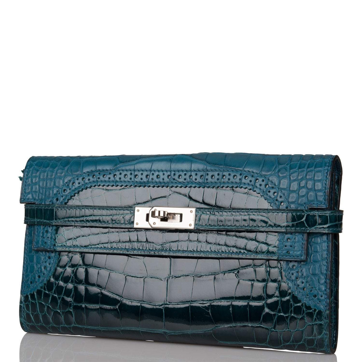 Hermes Kelly Long Wallet Bleu Colvert Alligator Ghillies Palladium Hardware Hermes