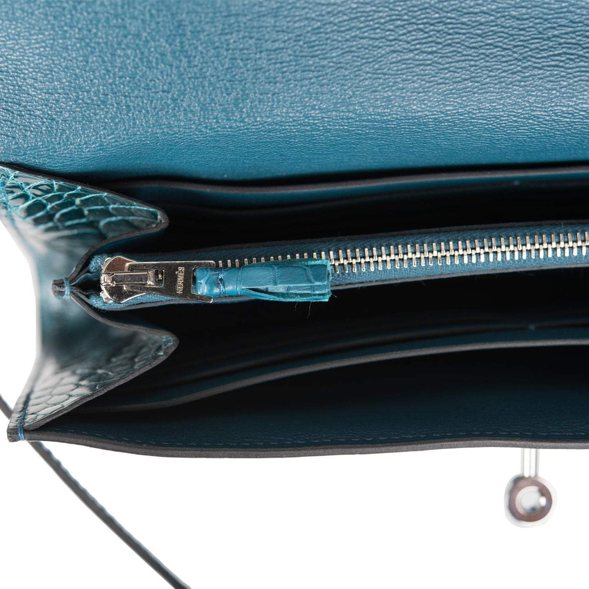 Hermes Kelly Long Wallet Bleu Colvert Alligator Ghillies Palladium Hardware Hermes