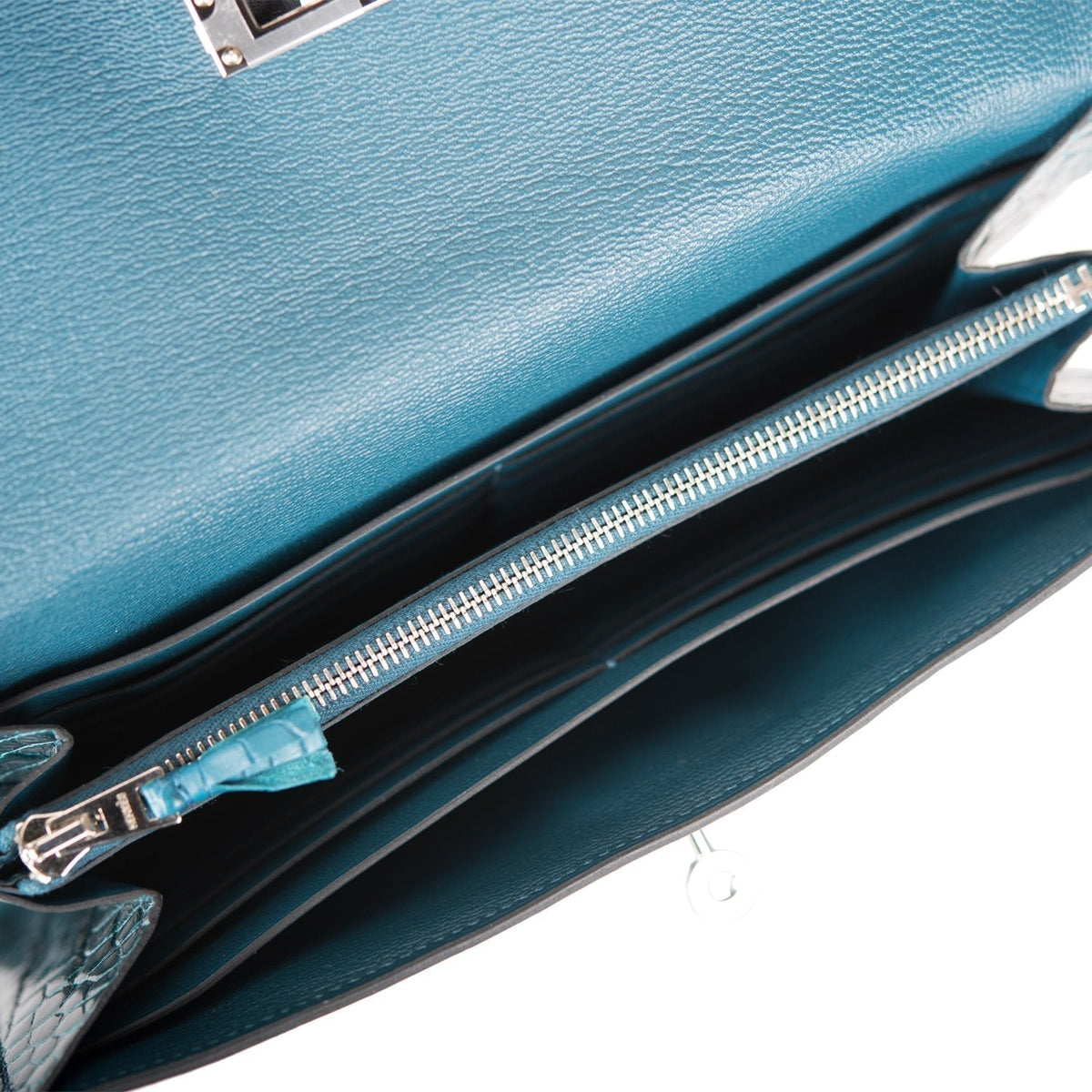 Hermes Kelly Long Wallet Bleu Colvert Alligator Ghillies Palladium Hardware Hermes