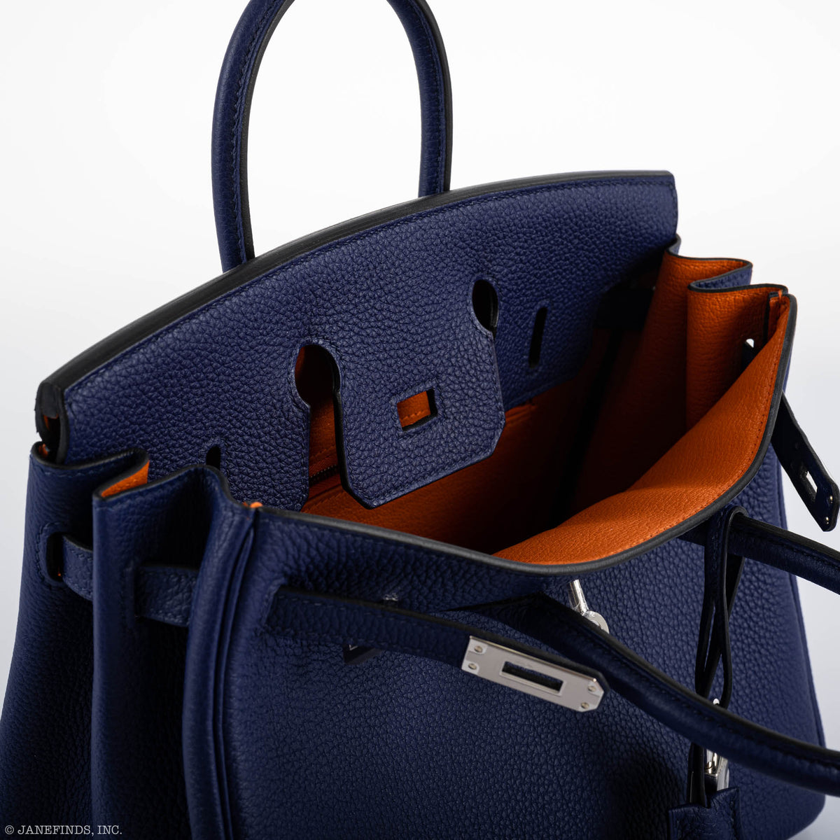 Hermes Birkin 25 Verso Blue Encre Togo & Orange H with Palladium Hardware Hermes