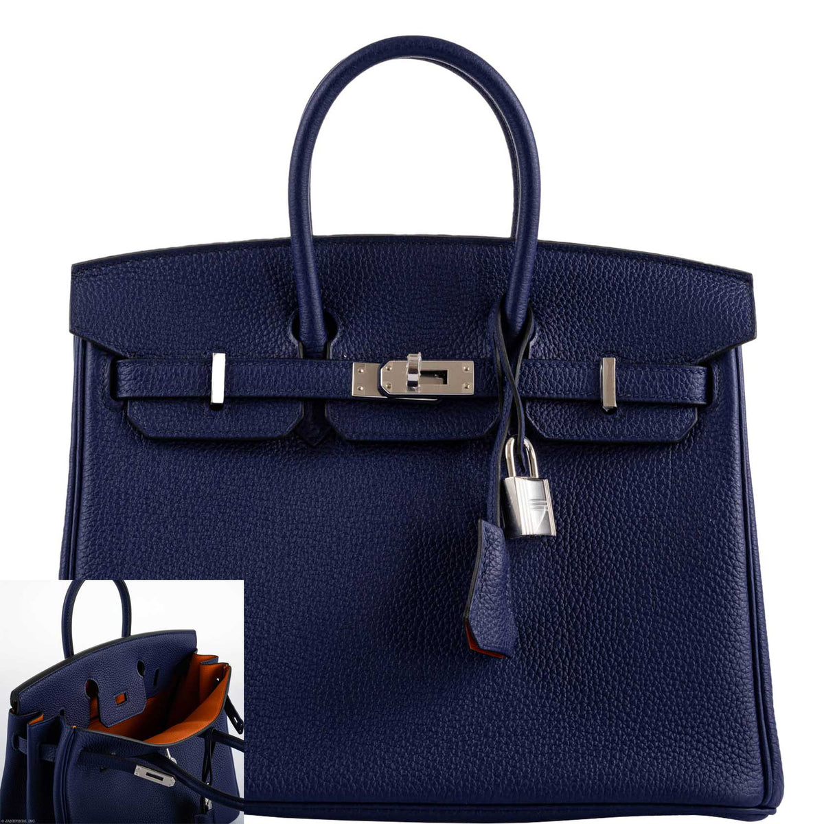 Hermes Birkin 25 Verso Blue Encre Togo & Orange H with Palladium Hardware Hermes