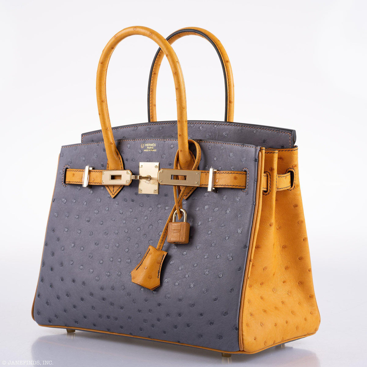 Hermes Birkin 30 HSS Gris Agate & Saffron Ostrich Gold Hardware Hermes