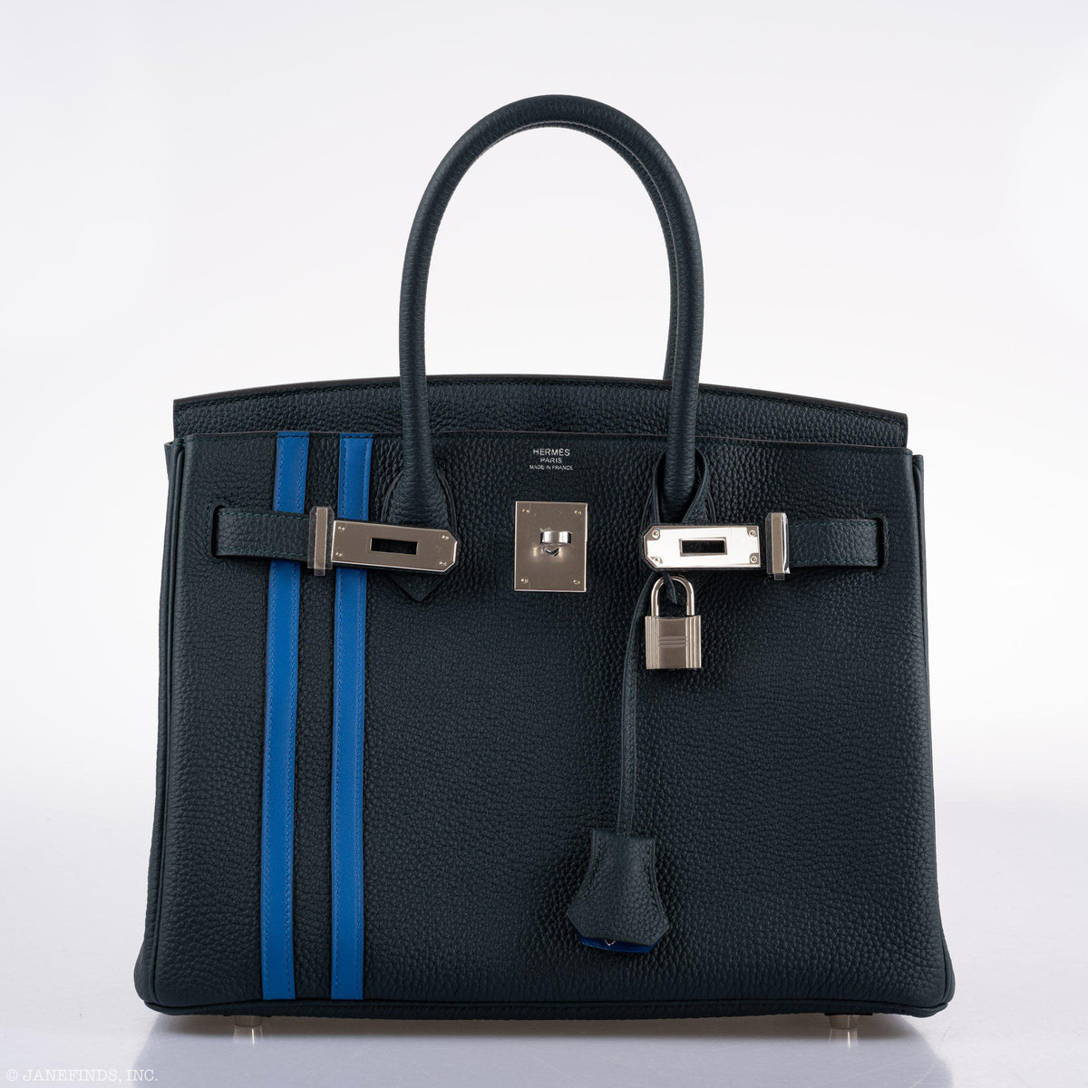 Hermes Birkin 30 Officier Vert Cyprès Togo & Bleu Zellige Stripe & Lining Palladium Hardware Hermes