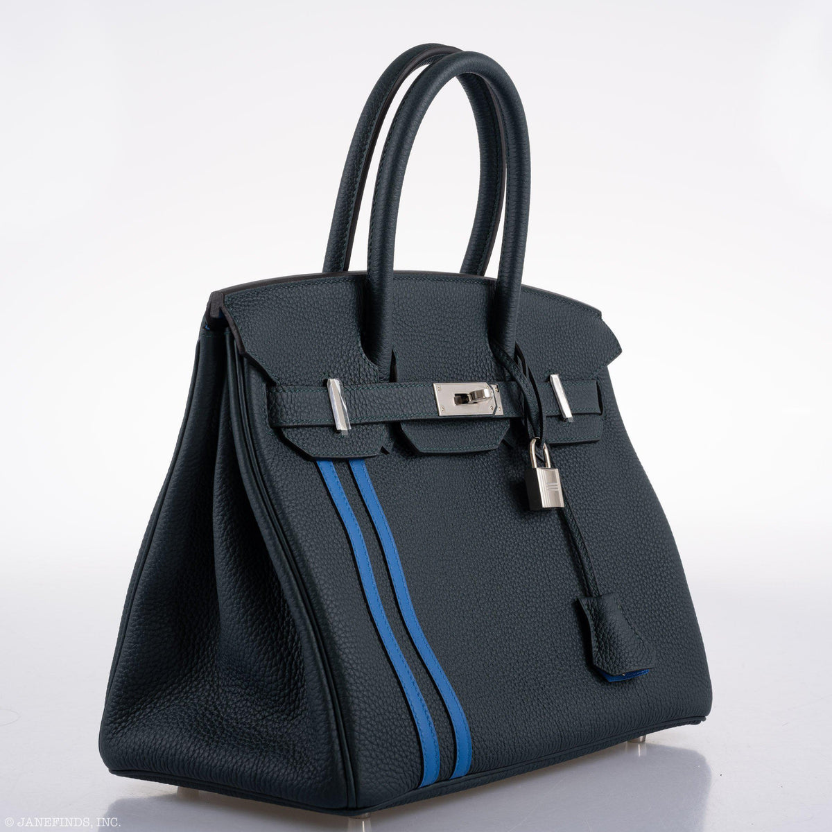 Hermes Birkin 30 Officier Vert Cyprès Togo & Bleu Zellige Stripe & Lining Palladium Hardware Hermes