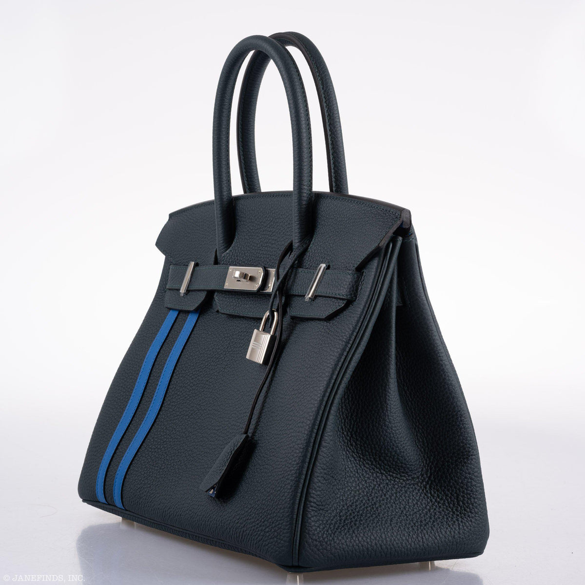 Hermes Birkin 30 Officier Vert Cyprès Togo & Bleu Zellige Stripe & Lining Palladium Hardware Hermes