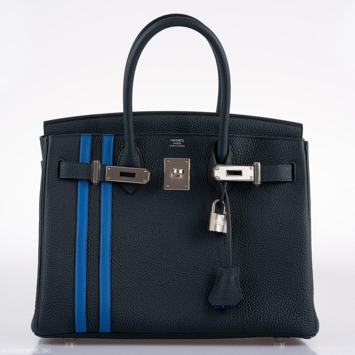 Hermes Birkin 30 Officier Vert Cyprès Togo & Bleu Zellige Stripe & Lining Palladium Hardware Hermes