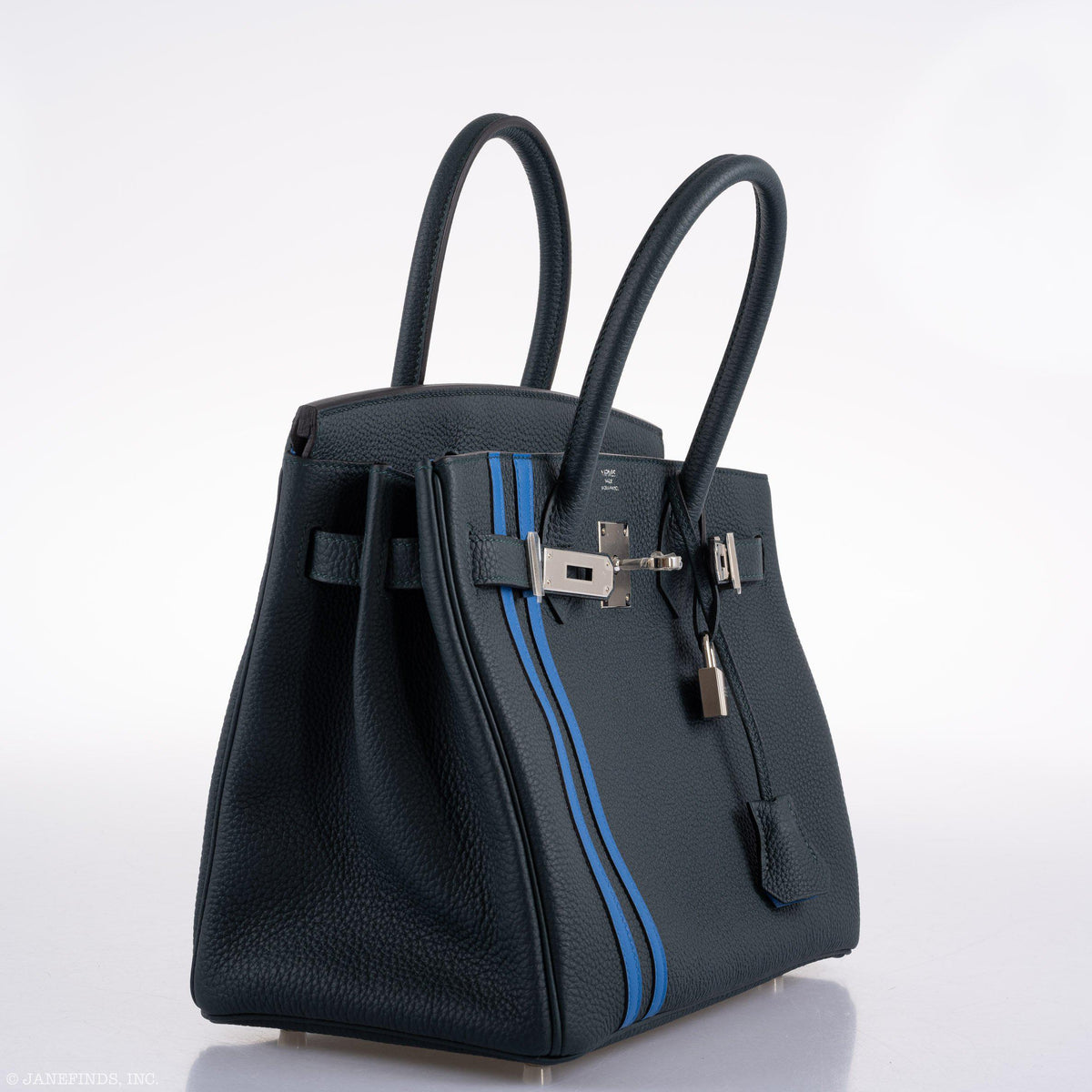 Hermes Birkin 30 Officier Vert Cyprès Togo & Bleu Zellige Stripe & Lining Palladium Hardware Hermes