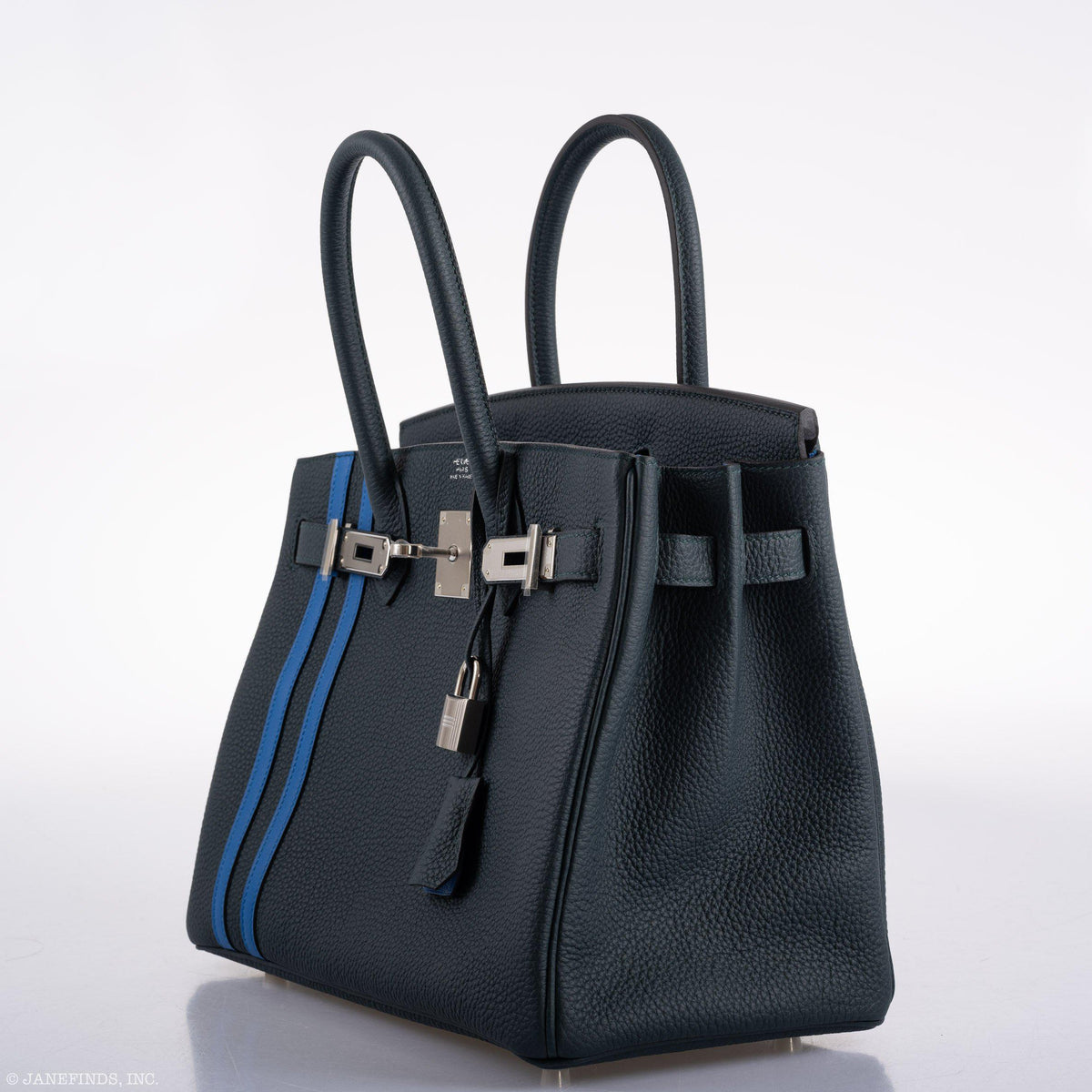 Hermes Birkin 30 Officier Vert Cyprès Togo & Bleu Zellige Stripe & Lining Palladium Hardware Hermes
