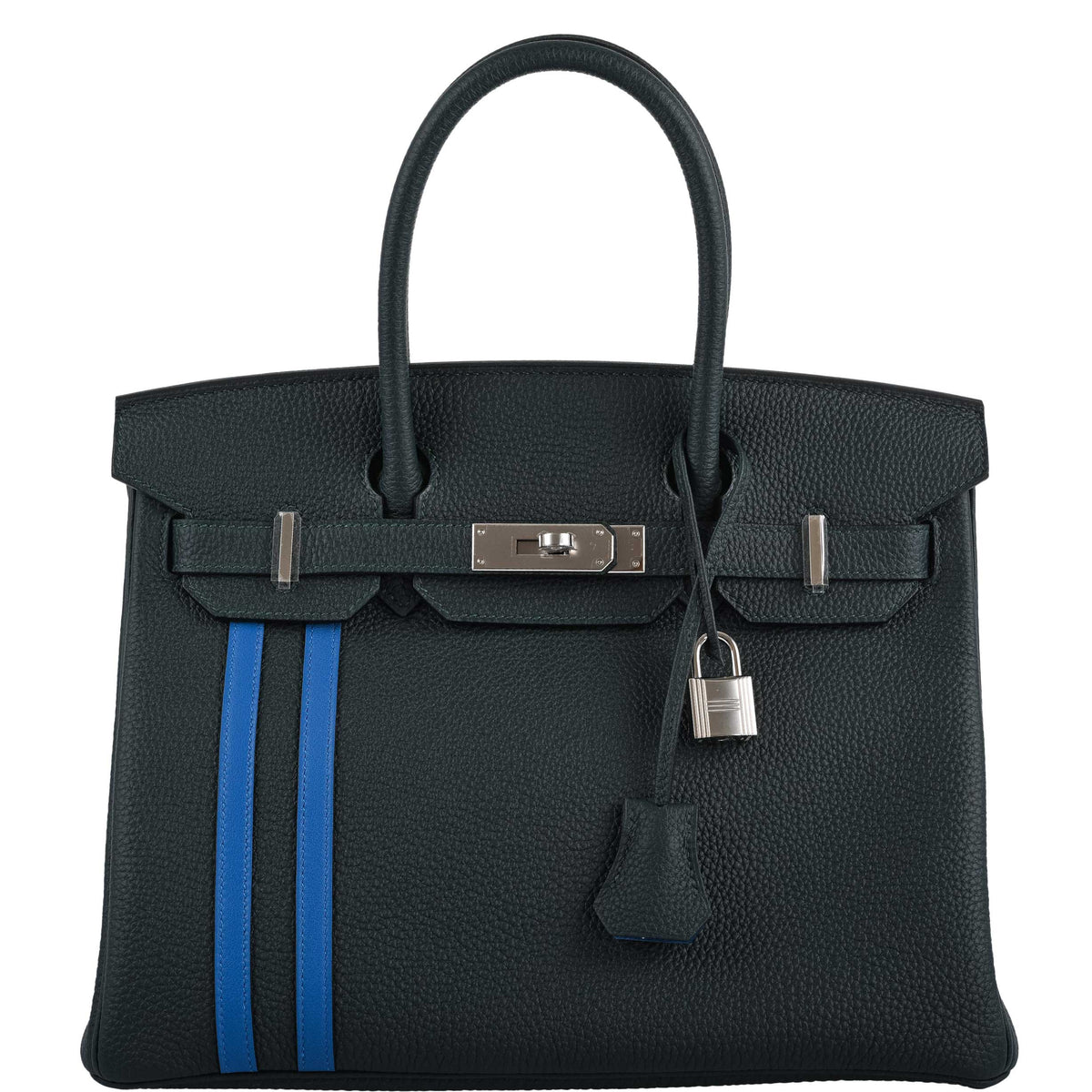 Hermes Birkin 30 Officier Vert Cyprès Togo & Bleu Zellige Stripe & Lining Palladium Hardware Hermes