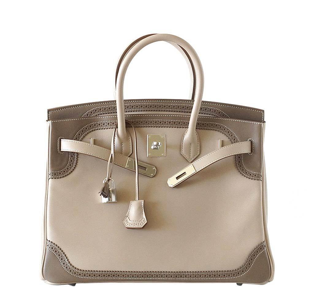 Hermes Birkin 35 Ghillies Limited Edition Argile & Etoupe Swift Leather Palladium Hardware BagAg