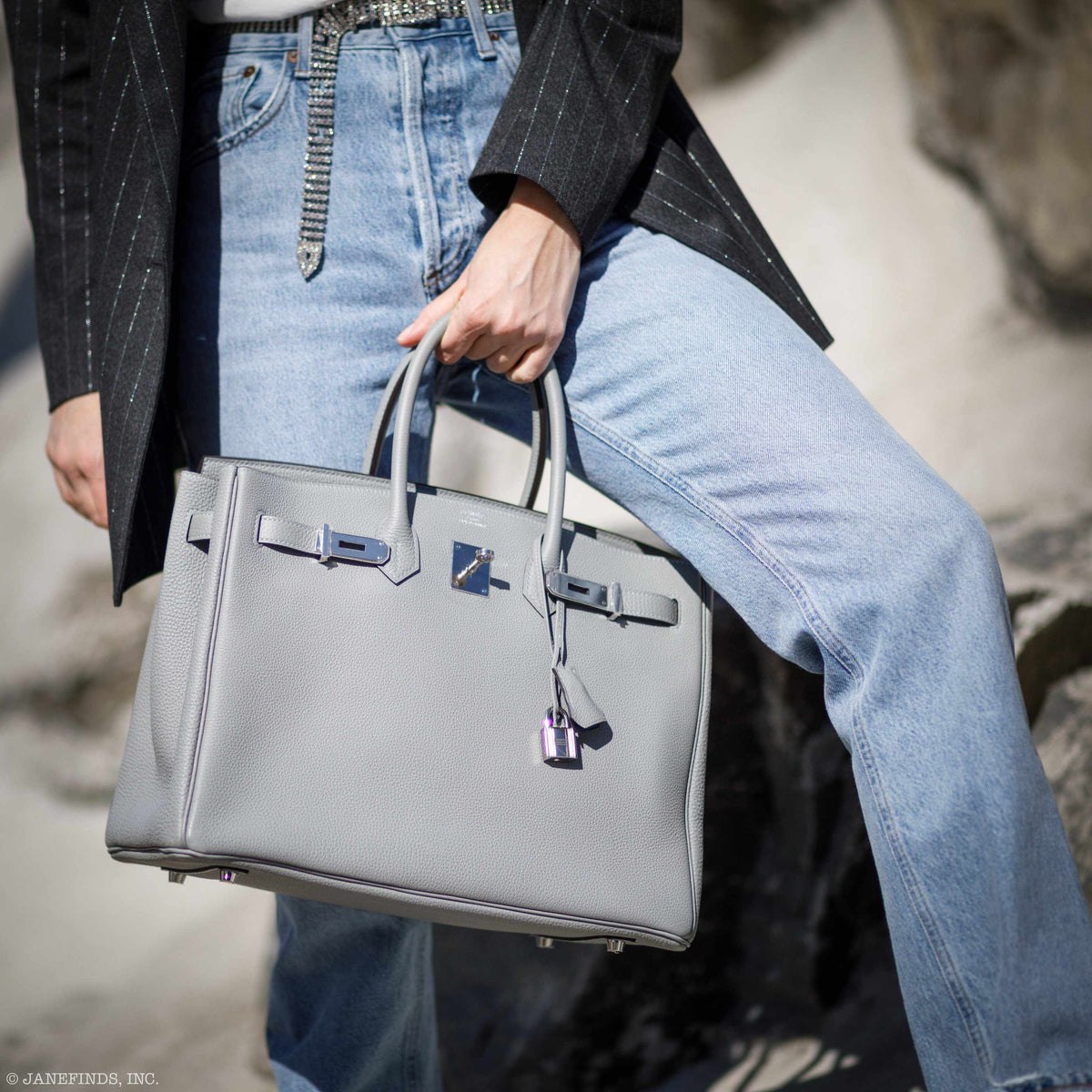 Hermes Birkin 35 Gris Mouette Verso Blue Agate Togo Palladium Hardware Hermes