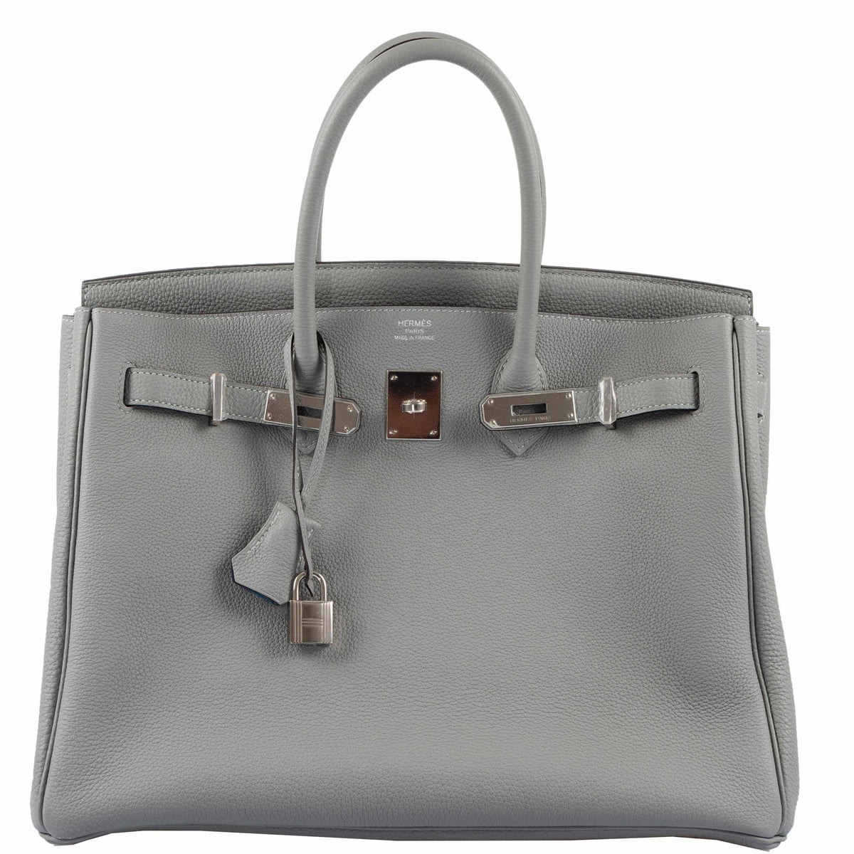 Hermes Birkin 35 Gris Mouette Verso Blue Agate Togo Palladium Hardware Hermes