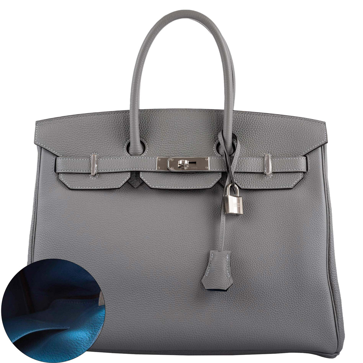 Hermes Birkin 35 Gris Mouette Verso Blue Agate Togo Palladium Hardware Hermes