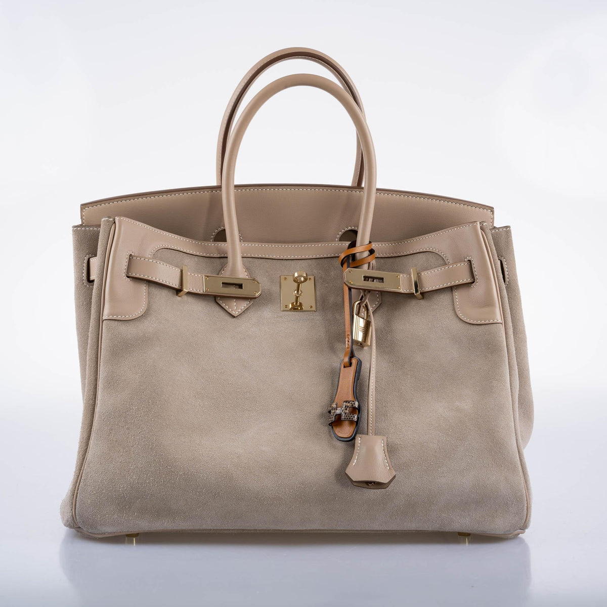 Hermes Birkin 35 Grizzly Argile Veau Doblis Suede & Swift Permabrass Hardware Hermes