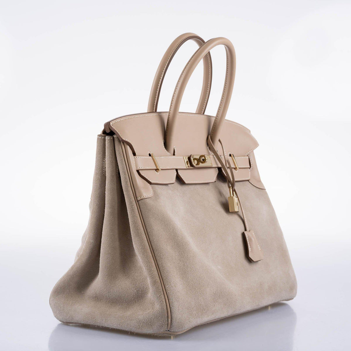 Hermes Birkin 35 Grizzly Argile Veau Doblis Suede & Swift Permabrass Hardware Hermes