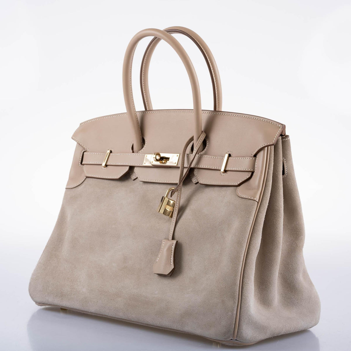 Hermes Birkin 35 Grizzly Argile Veau Doblis Suede & Swift Permabrass Hardware Hermes