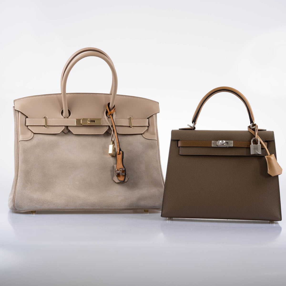 Hermes Birkin 35 Grizzly Argile Veau Doblis Suede & Swift Permabrass Hardware Hermes