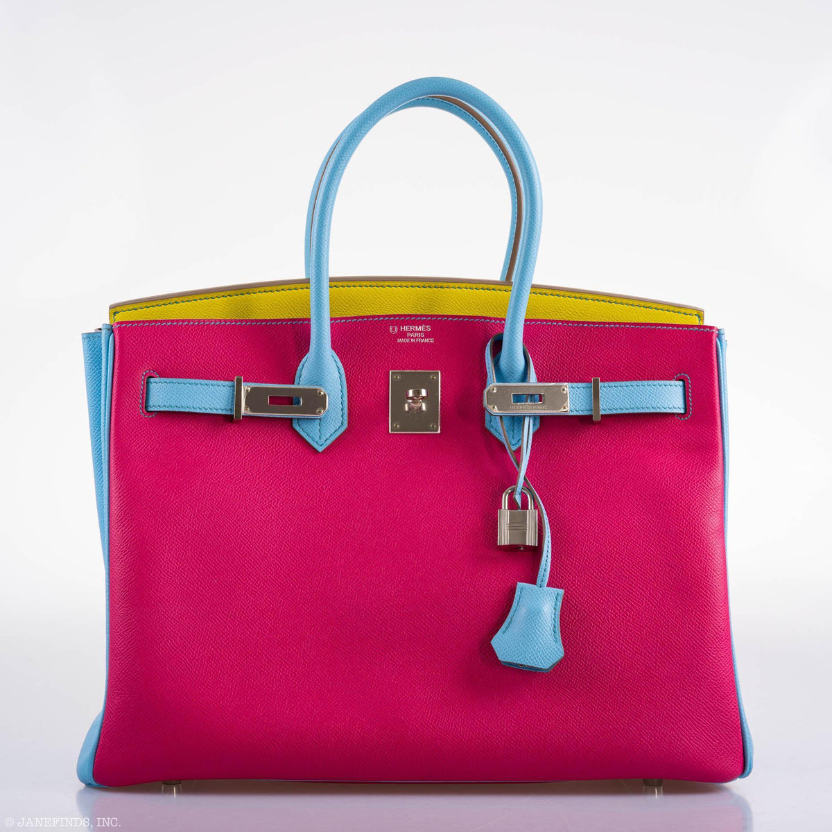 Hermes Birkin 35 HSS Rose Tyrien, Blue Celeste, Lime Epsom Palladium Hardware Hermes