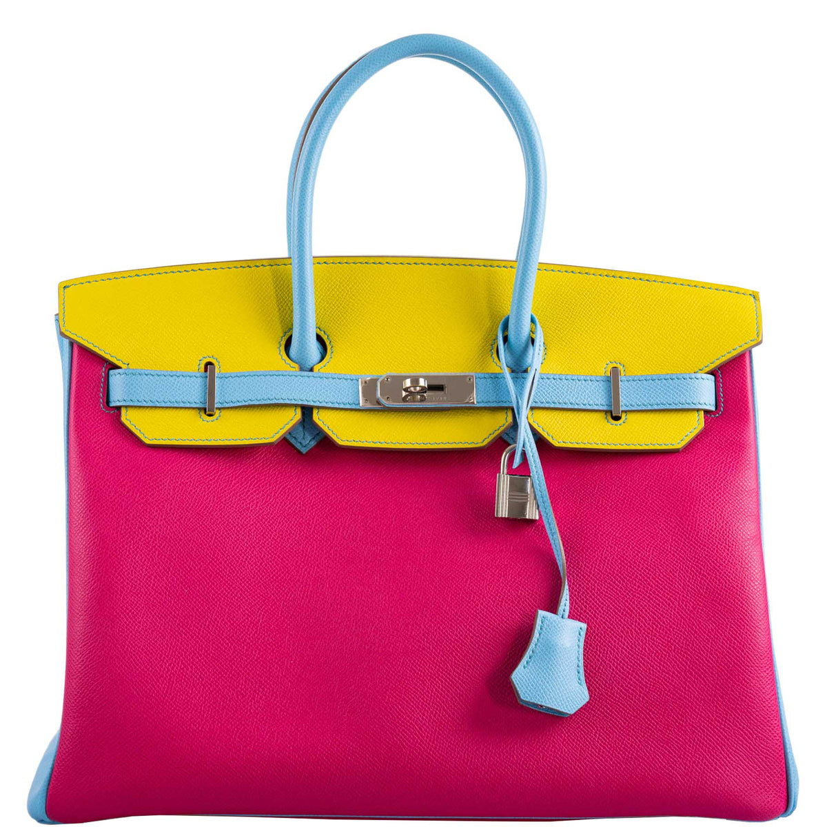 Hermes Birkin 35 HSS Rose Tyrien, Blue Celeste, Lime Epsom Palladium Hardware Hermes