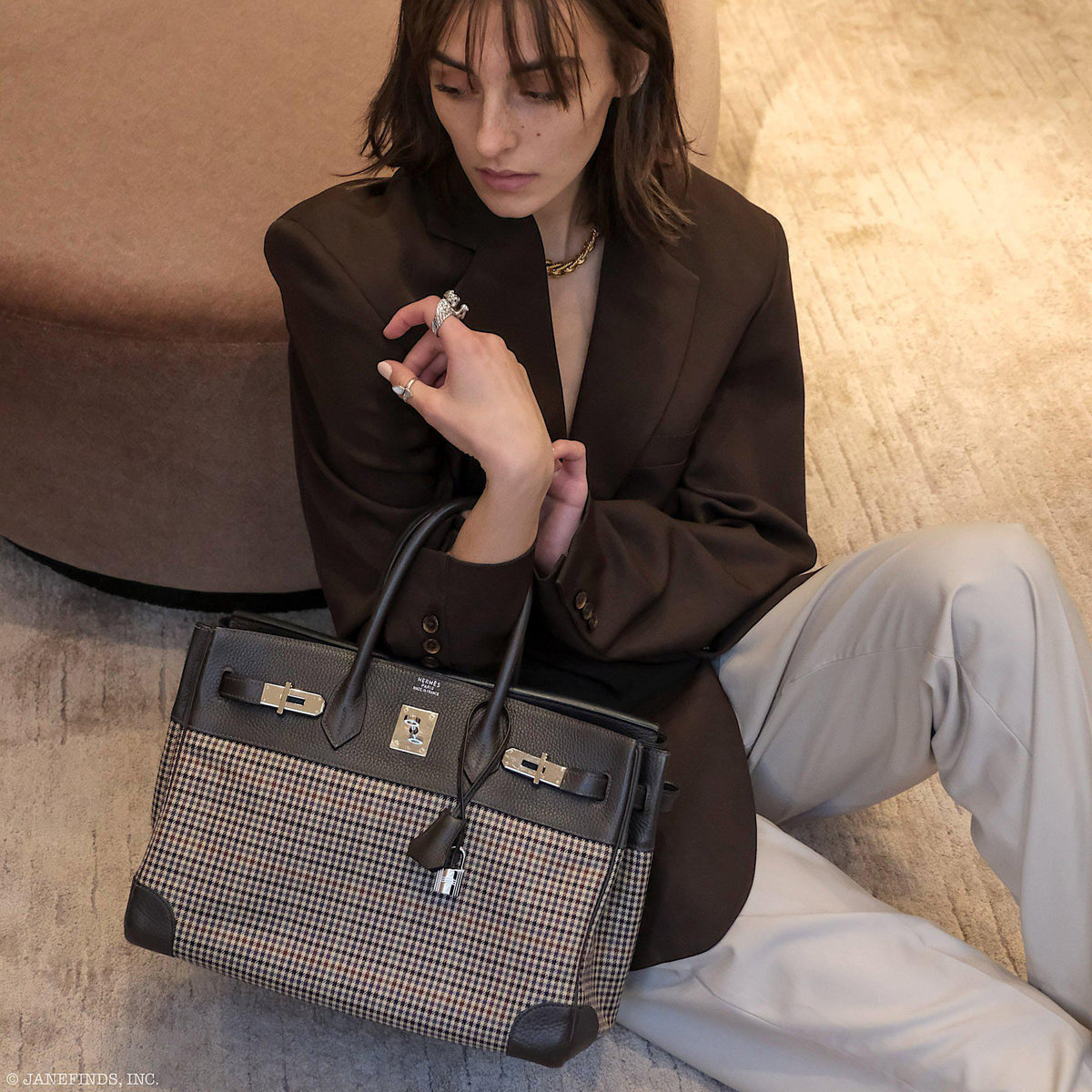 Hermes Birkin 35 Togo And Plaid Wool Lainage Palladium Hardware -Runway Bag Hermes
