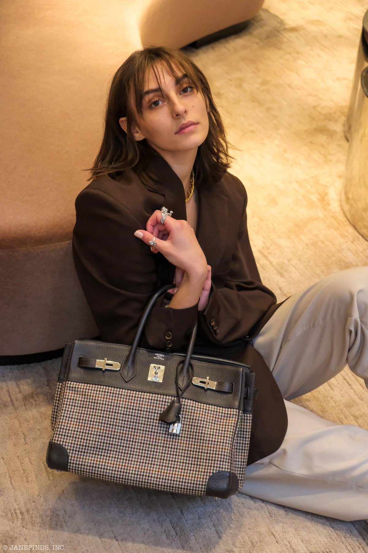 Hermes Birkin 35 Togo And Plaid Wool Lainage Palladium Hardware -Runway Bag Hermes